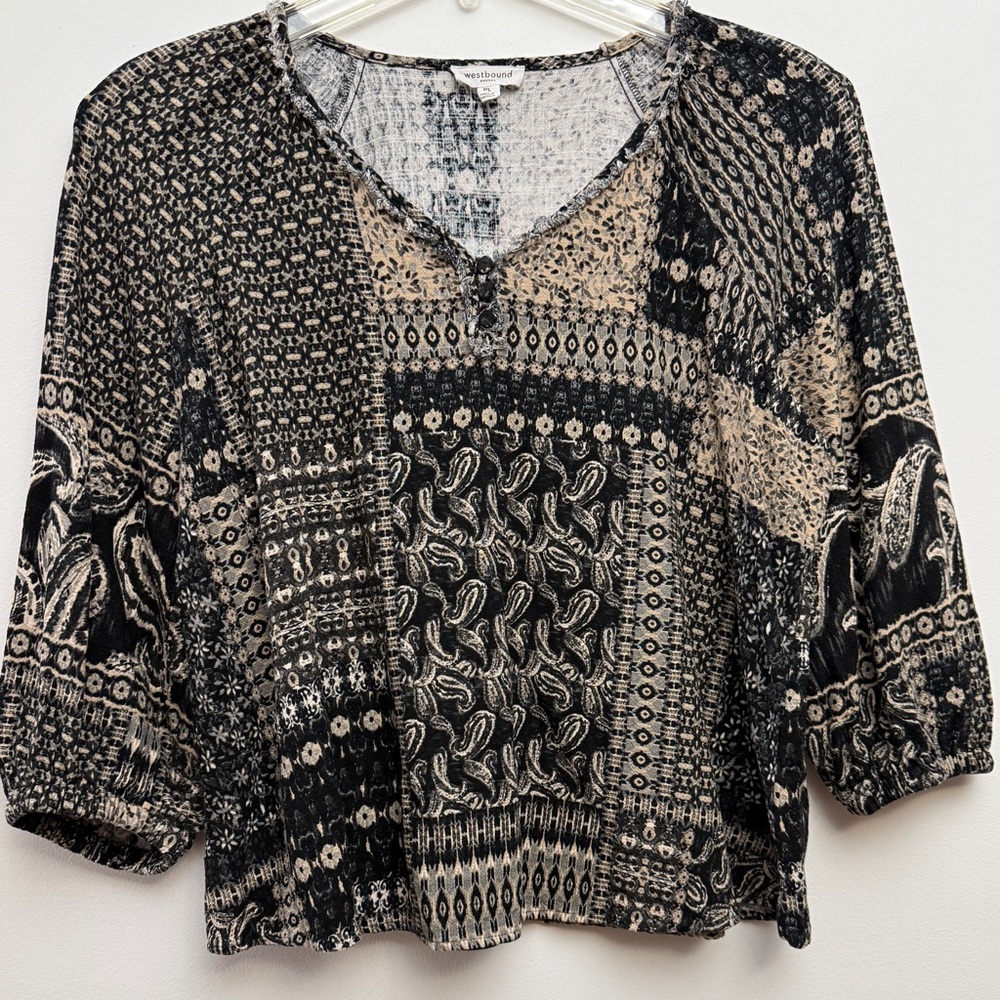 Westbound Black and Beige Patchwork Print Blouse